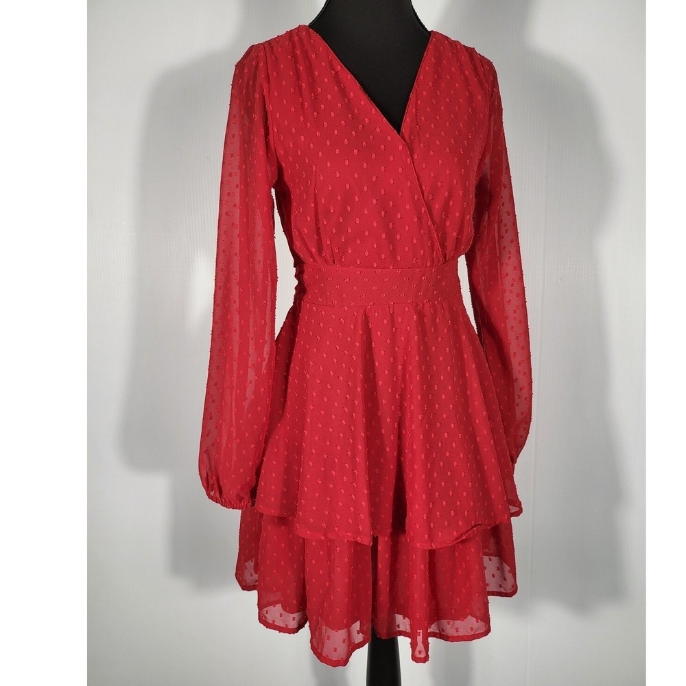 Japna Red Swiss Dot Dress Long Sleeve Ruffle Tiered Mini Dress Size S